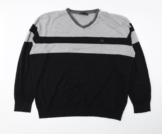 NEXT Mens Black V-Neck Striped Cotton Pullover Jumper Size L