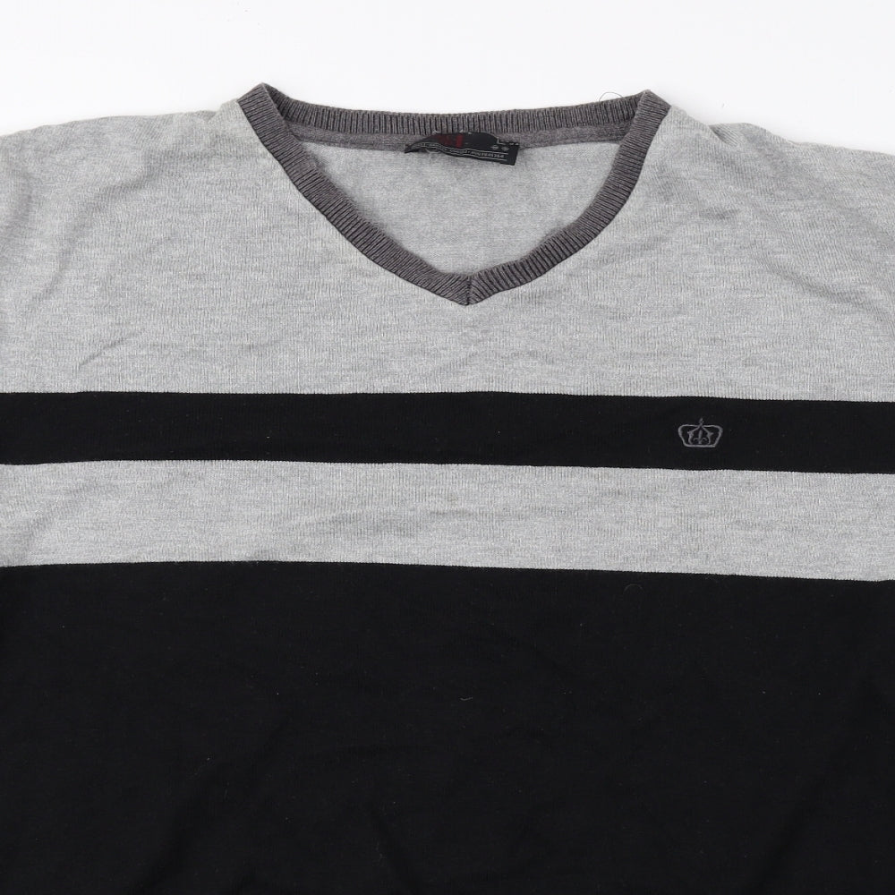 NEXT Mens Black V-Neck Striped Cotton Pullover Jumper Size L