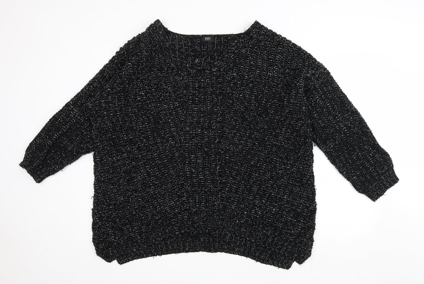 F&F Womens Black V-Neck Acrylic Pullover Jumper Size 14