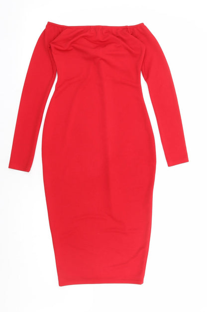 PRETTYLITTLETHING Womens Red Polyester Bodycon Size 6 Off the Shoulder Pullover