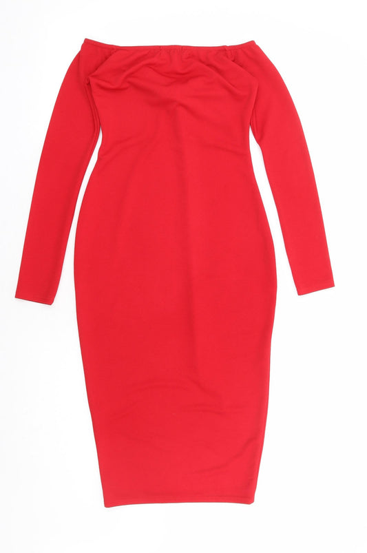 PRETTYLITTLETHING Womens Red Polyester Bodycon Size 6 Off the Shoulder Pullover