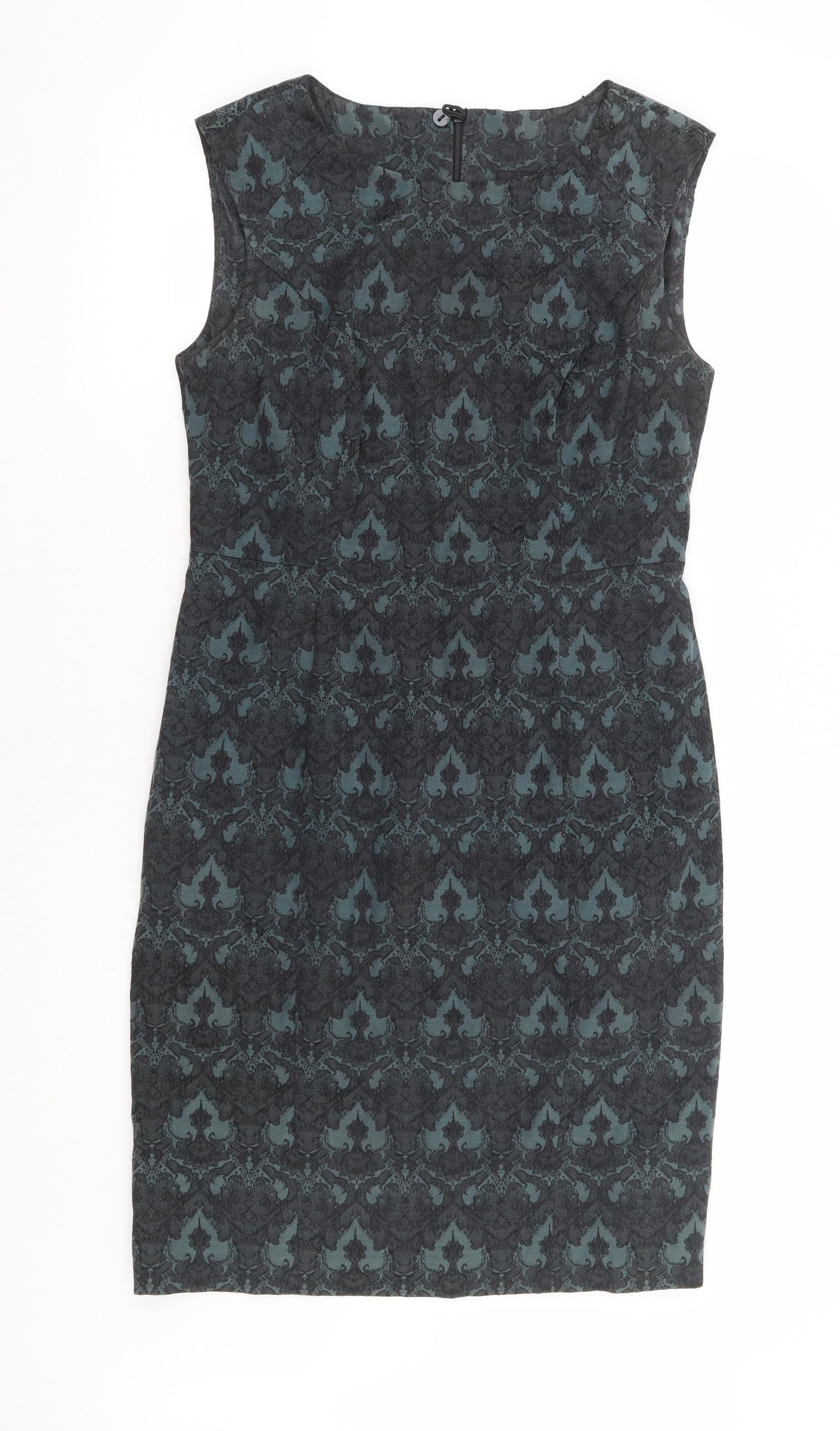 NEXT Womens Green Floral Cotton Pencil Dress Size 12 Round Neck Zip