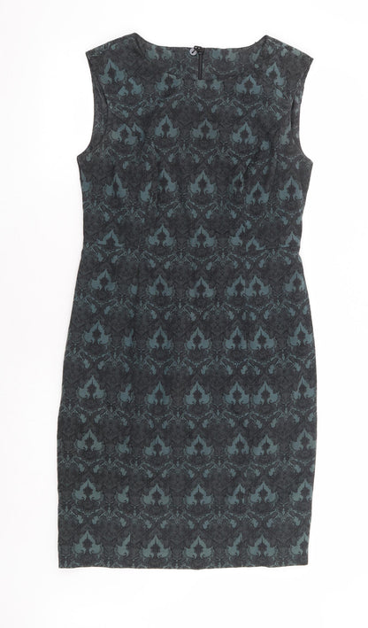 NEXT Womens Green Floral Cotton Pencil Dress Size 12 Round Neck Zip