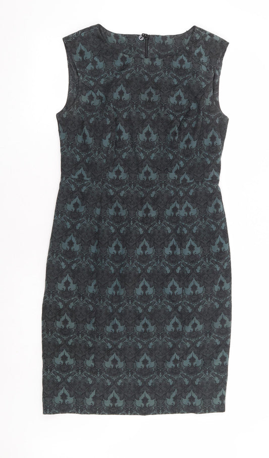 NEXT Womens Green Floral Cotton Pencil Dress Size 12 Round Neck Zip