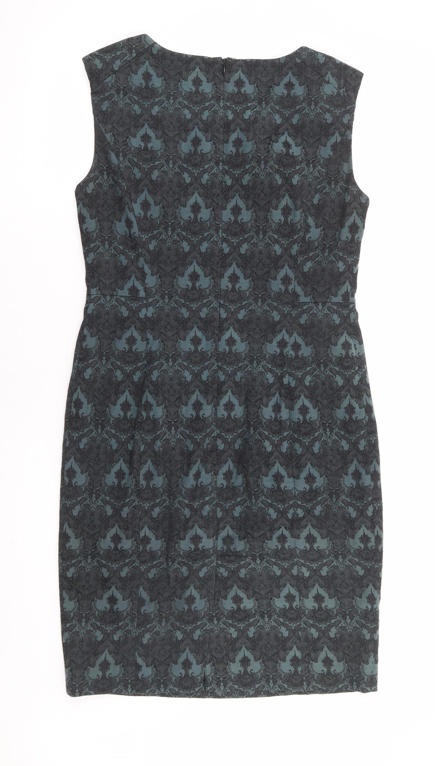 NEXT Womens Green Floral Cotton Pencil Dress Size 12 Round Neck Zip