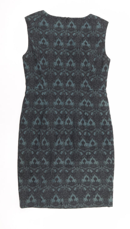 NEXT Womens Green Floral Cotton Pencil Dress Size 12 Round Neck Zip