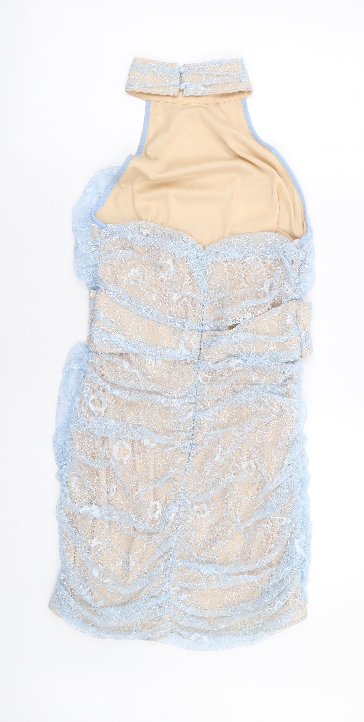 PRETTYLITTLETHING Womens Blue Floral Polyester Bodycon Size 12 High Neck Zip - Lace Overlay