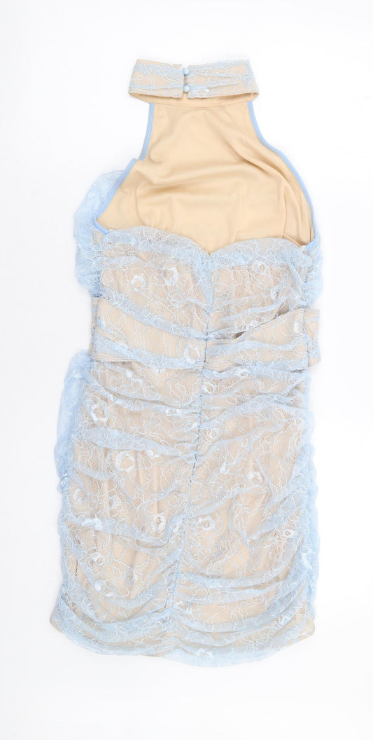 PRETTYLITTLETHING Womens Blue Floral Polyester Bodycon Size 12 High Neck Zip - Lace Overlay