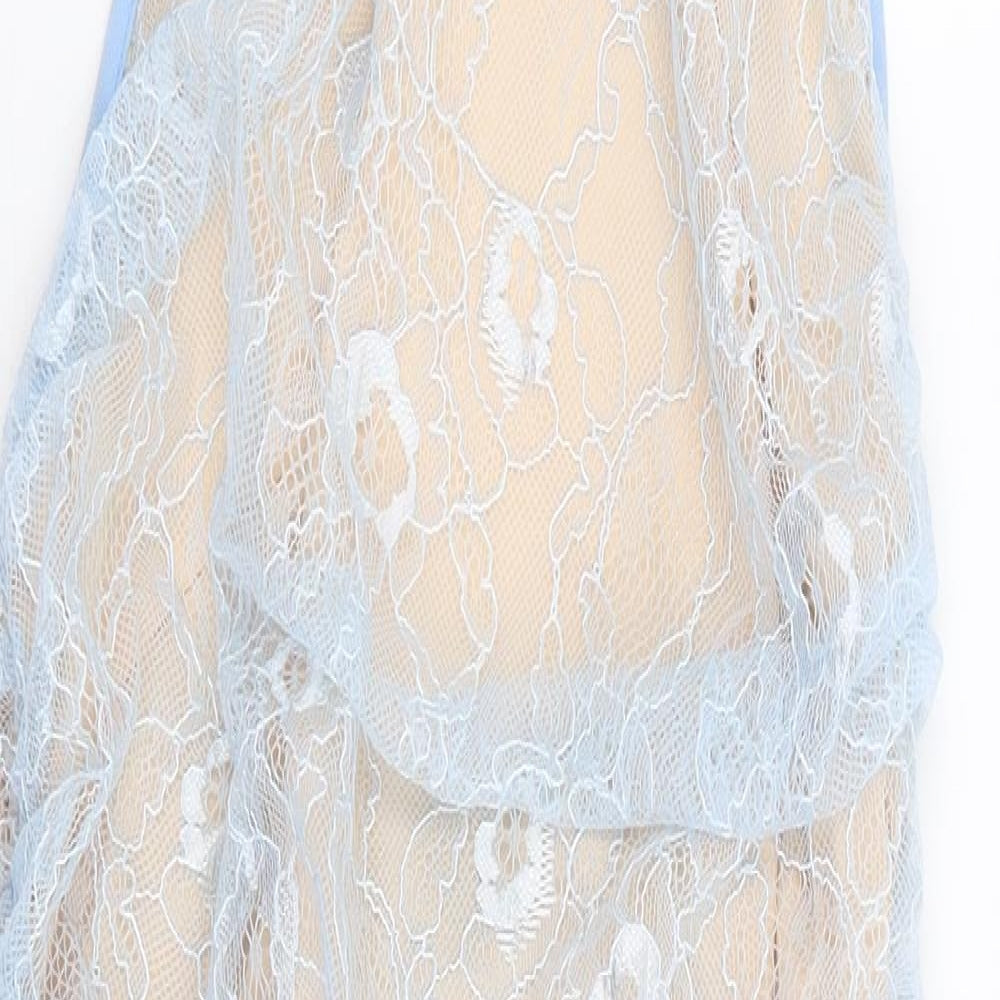 PRETTYLITTLETHING Womens Blue Floral Polyester Bodycon Size 12 High Neck Zip - Lace Overlay