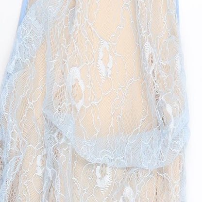 PRETTYLITTLETHING Womens Blue Floral Polyester Bodycon Size 12 High Neck Zip - Lace Overlay