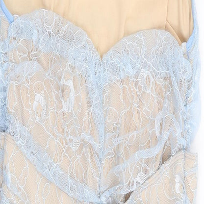 PRETTYLITTLETHING Womens Blue Floral Polyester Bodycon Size 12 High Neck Zip - Lace Overlay