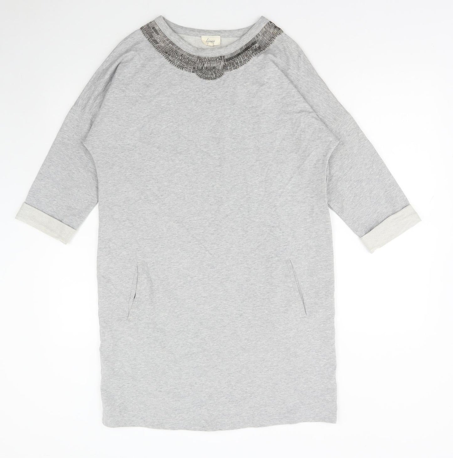 Linea Weekend Womens Grey Cotton Jumper Dress Size 14 Round Neck Pullover - Embellished Neckline
