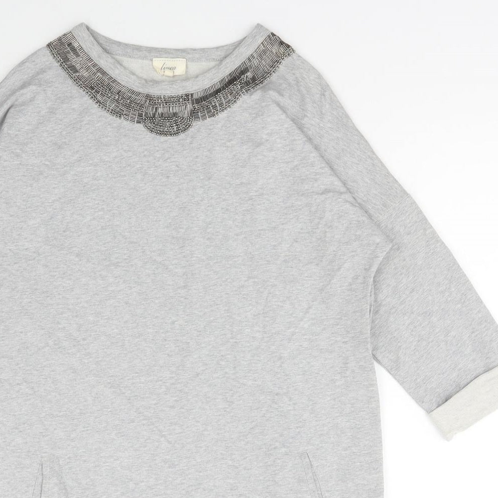 Linea Weekend Womens Grey Cotton Jumper Dress Size 14 Round Neck Pullover - Embellished Neckline