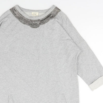 Linea Weekend Womens Grey Cotton Jumper Dress Size 14 Round Neck Pullover - Embellished Neckline