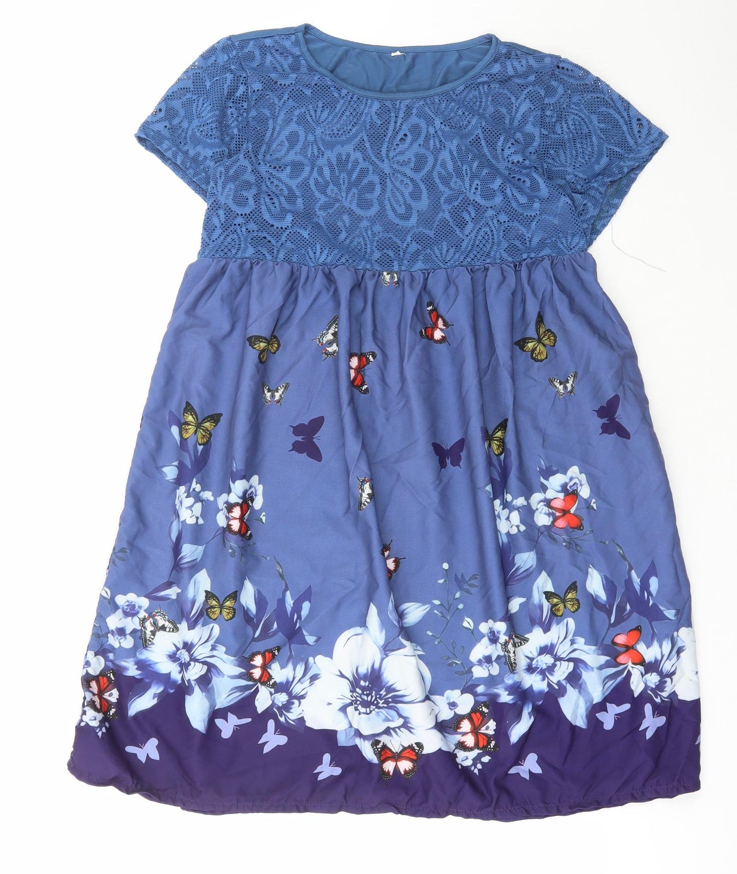 Preworn Womens Blue Geometric Polyester A-Line Size 6 Round Neck Pullover - Lace Detail, Butterfly