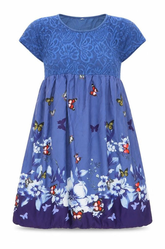 Preworn Womens Blue Geometric Polyester A-Line Size 6 Round Neck Pullover - Lace Detail, Butterfly
