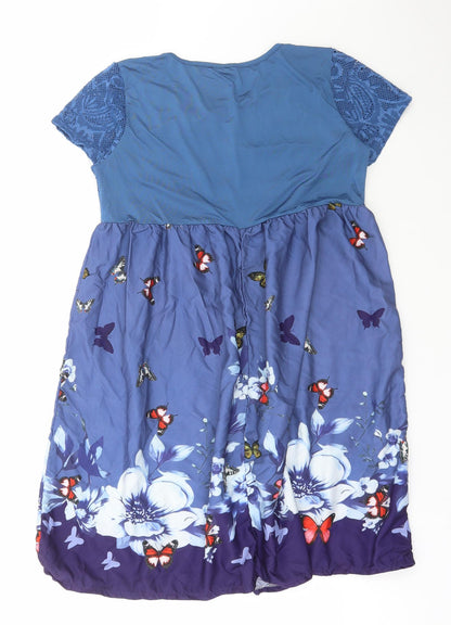Preworn Womens Blue Geometric Polyester A-Line Size 6 Round Neck Pullover - Lace Detail, Butterfly