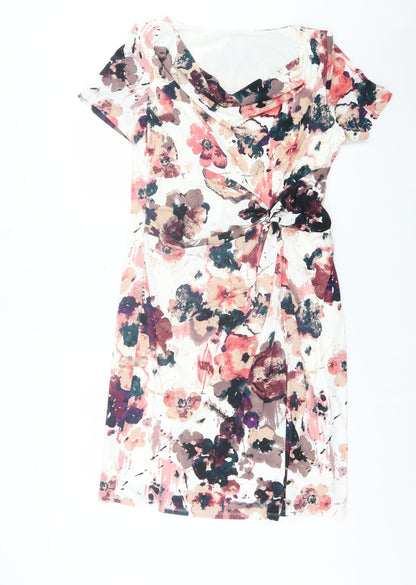 Marks and Spencer Womens Pink Floral Polyester A-Line Size 12 Cowl Neck Pullover - Twist Front
