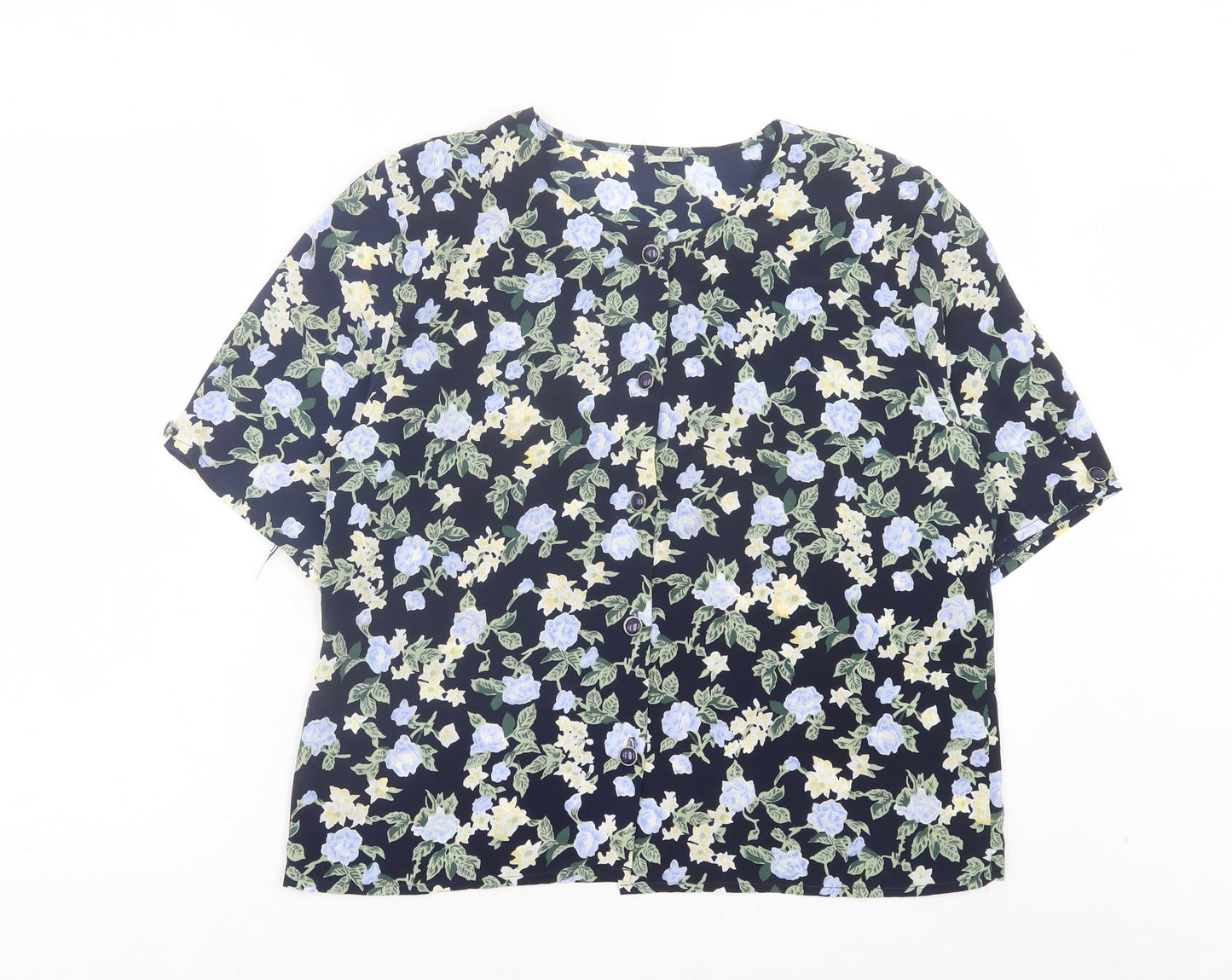 Preworn Womens Blue Floral Polyester Basic Button-Up Size 14 Round Neck