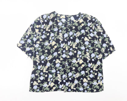 Preworn Womens Blue Floral Polyester Basic Button-Up Size 14 Round Neck