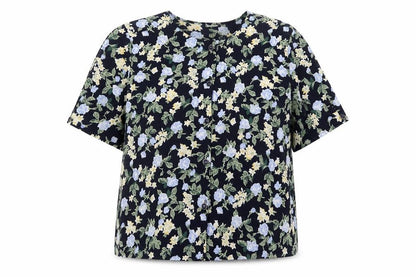 Preworn Womens Blue Floral Polyester Basic Button-Up Size 14 Round Neck