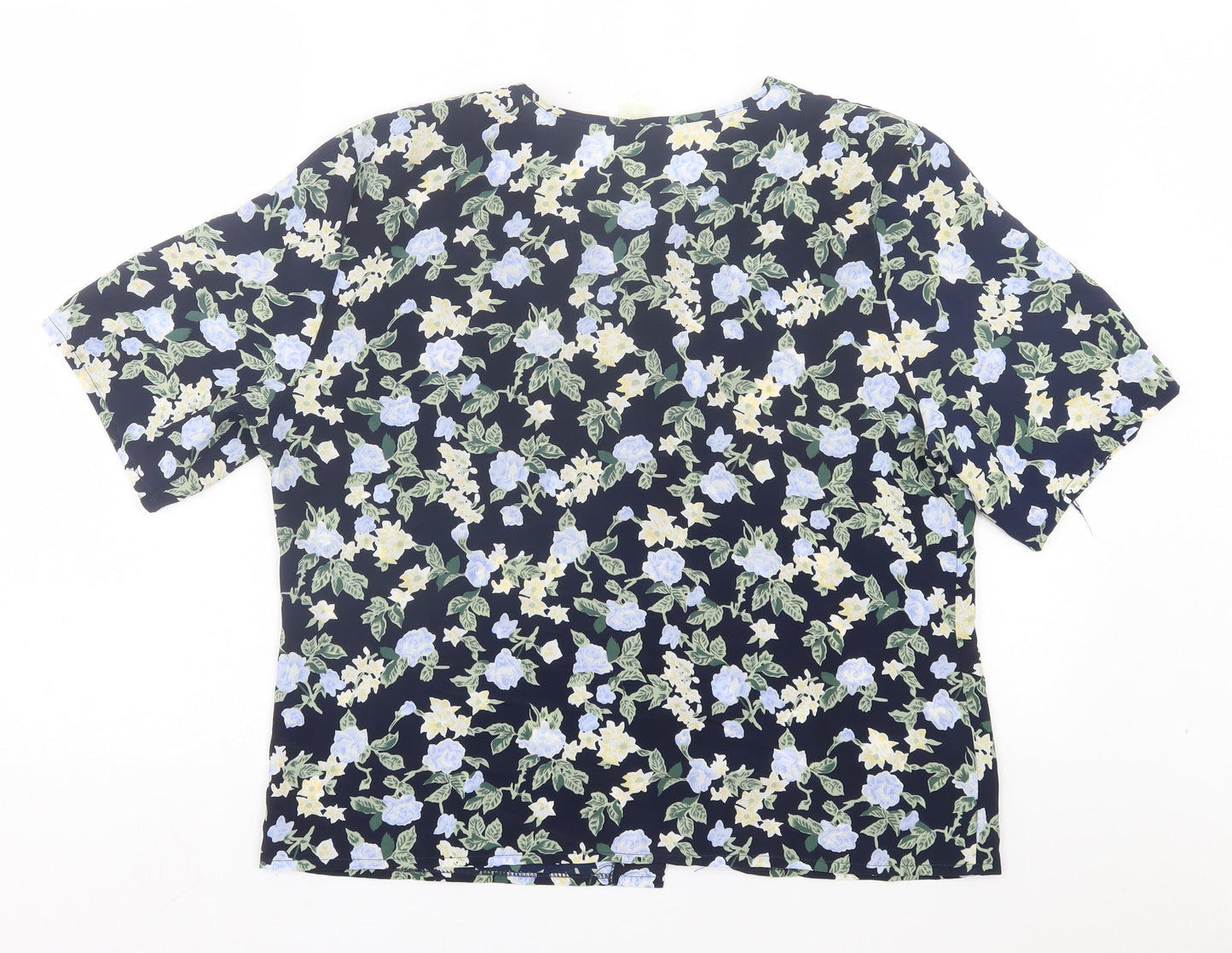 Preworn Womens Blue Floral Polyester Basic Button-Up Size 14 Round Neck