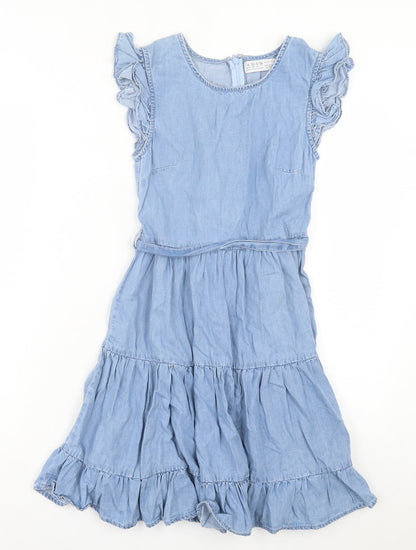 Denim & Co. Womens Blue Cotton A-Line Size 4 Crew Neck Zip