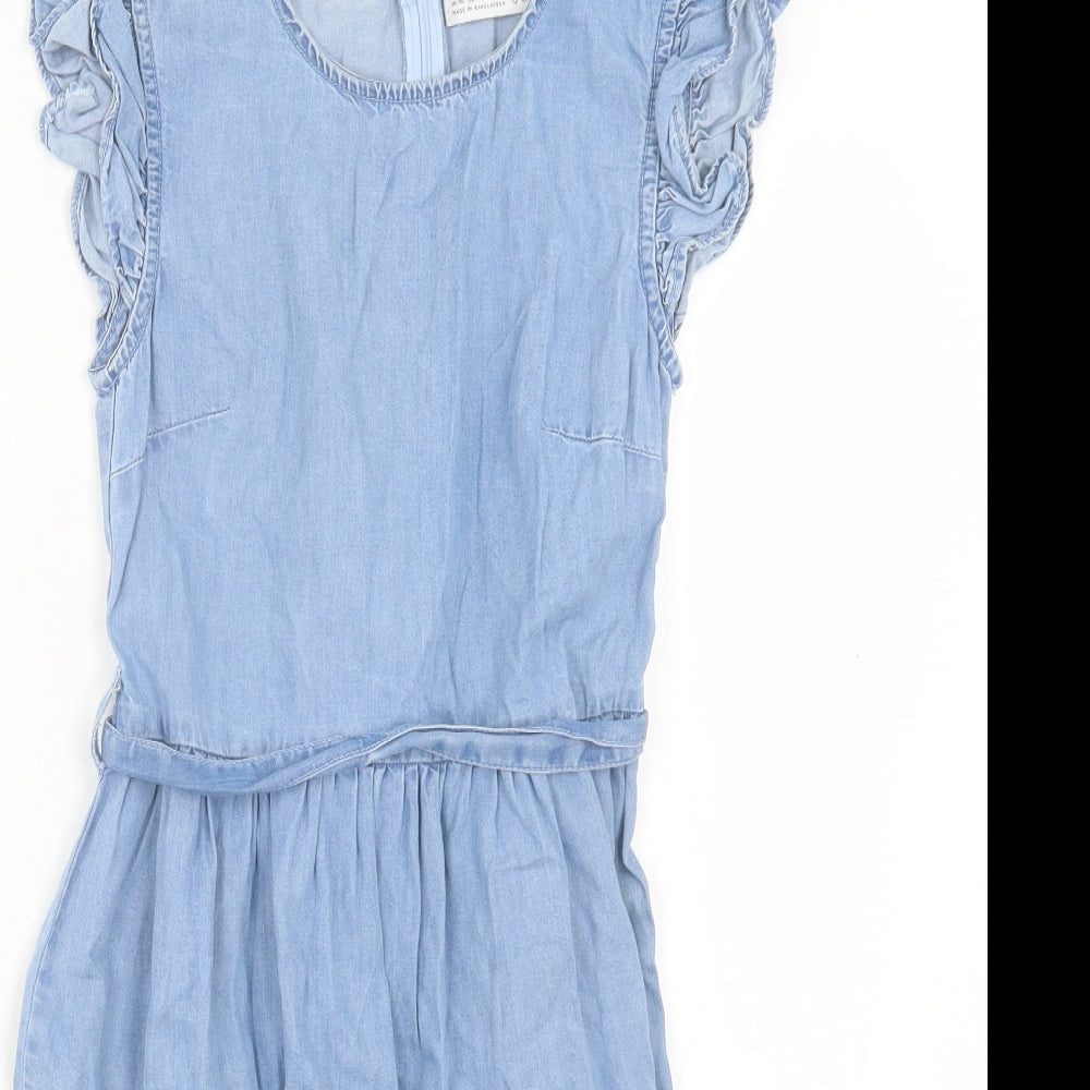 Denim & Co. Womens Blue Cotton A-Line Size 4 Crew Neck Zip