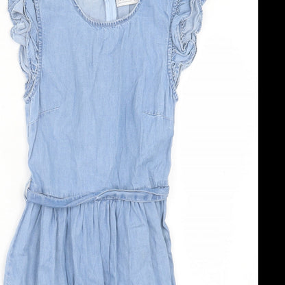 Denim & Co. Womens Blue Cotton A-Line Size 4 Crew Neck Zip