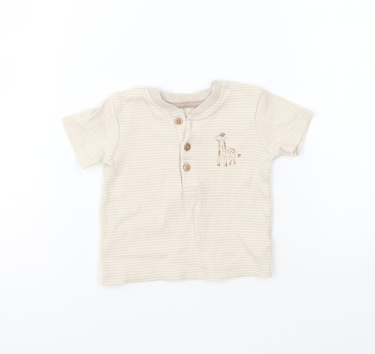 George Baby Beige Striped Cotton Basic T-Shirt Size 3-6 Months V-Neck Button - Giraffe