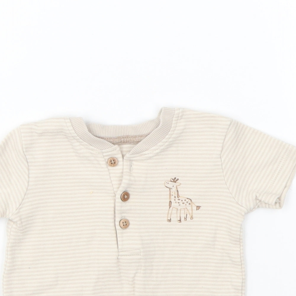 George Baby Beige Striped Cotton Basic T-Shirt Size 3-6 Months V-Neck Button - Giraffe