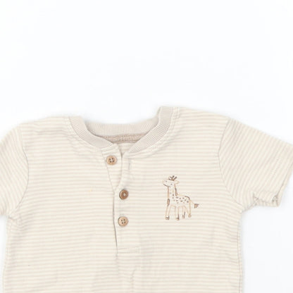 George Baby Beige Striped Cotton Basic T-Shirt Size 3-6 Months V-Neck Button - Giraffe