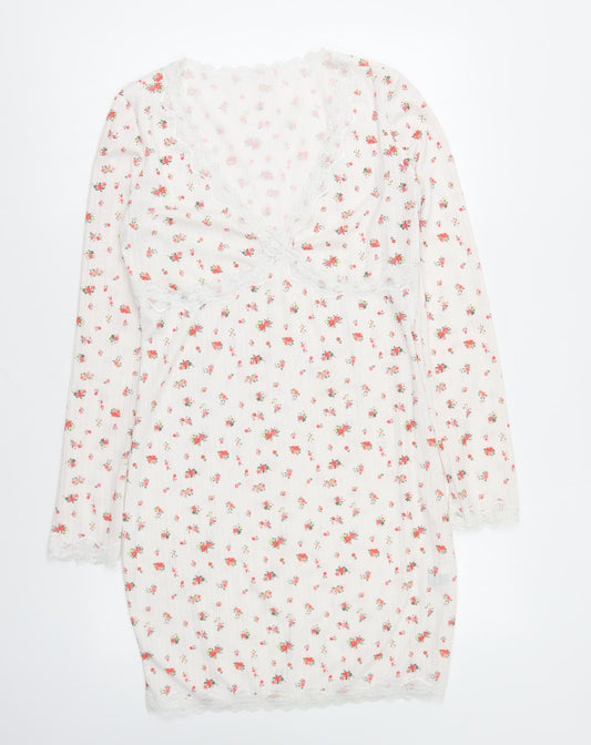 SheIn Womens Multicoloured Floral Polyester Bodycon Size L V-Neck Pullover - Lace Trim