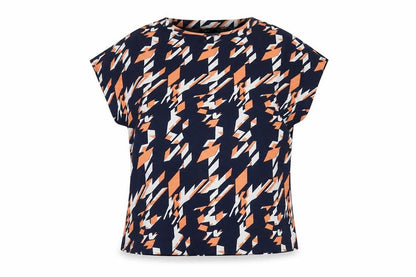 Marble Womens Blue Geometric Polyester Basic Blouse Size M Boat Neck