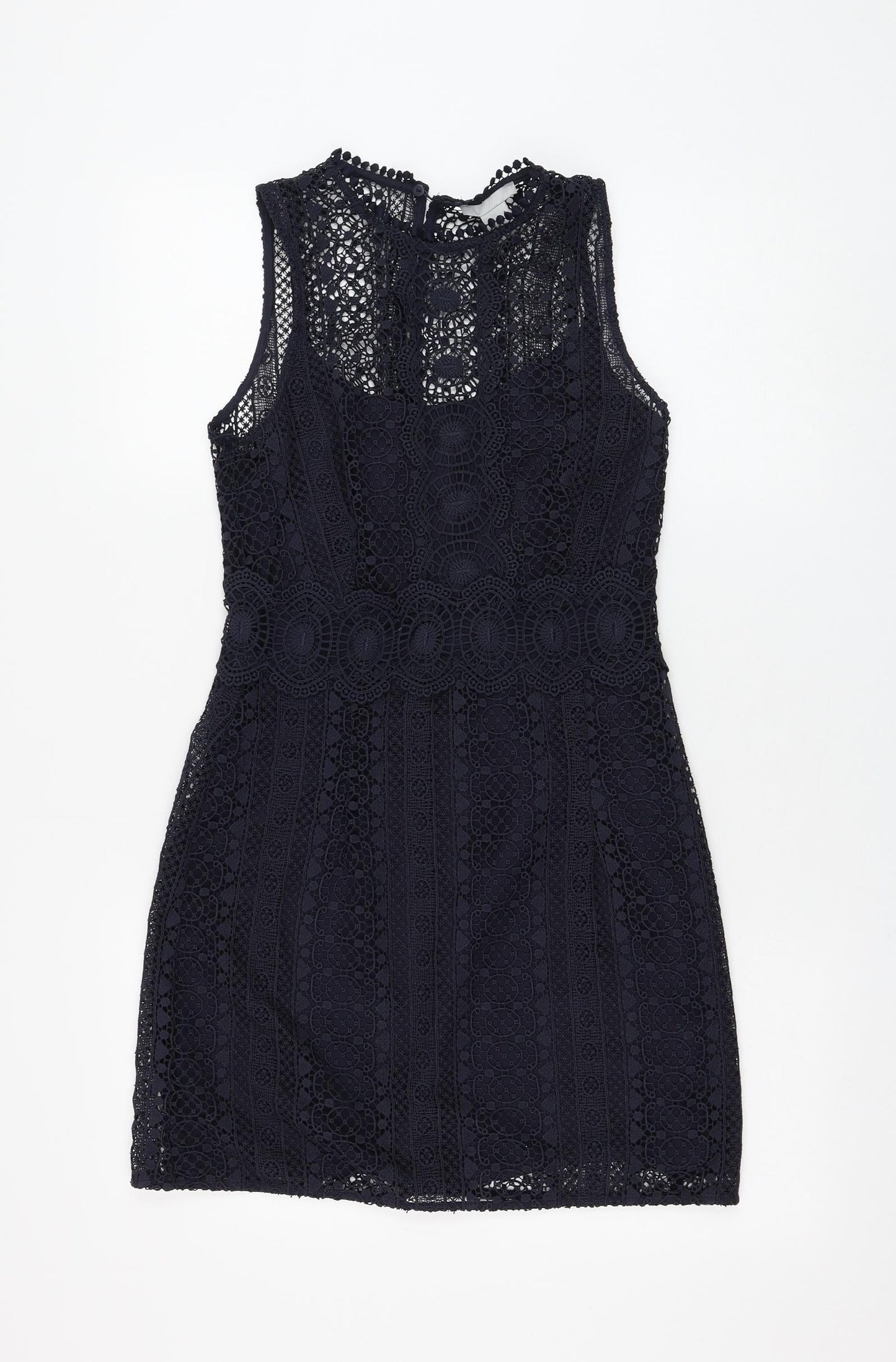 H&M Womens Blue Geometric Polyester Shift Size 10 Round Neck Button