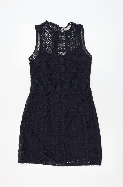 H&M Womens Blue Geometric Polyester Shift Size 10 Round Neck Button