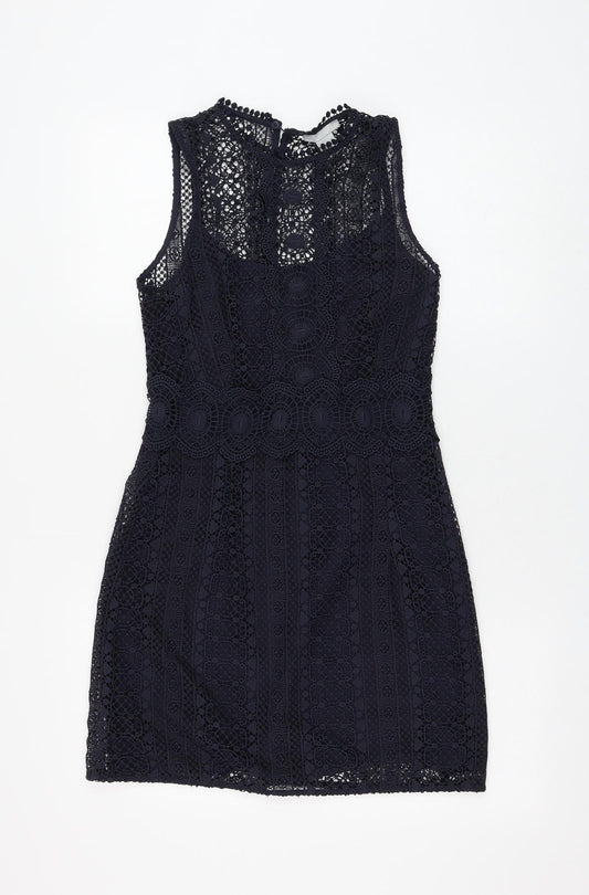 H&M Womens Blue Geometric Polyester Shift Size 10 Round Neck Button
