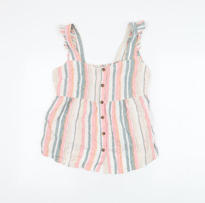 Nutmeg Womens Multicoloured Striped Linen Basic Blouse Size 10 Square Neck