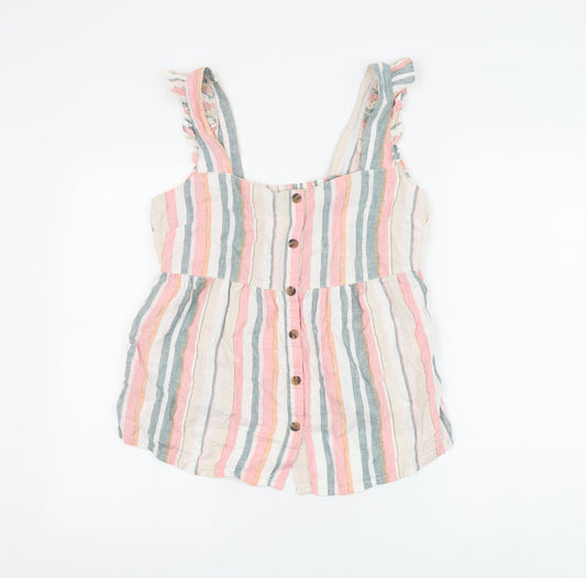 Nutmeg Womens Multicoloured Striped Linen Basic Blouse Size 10 Square Neck