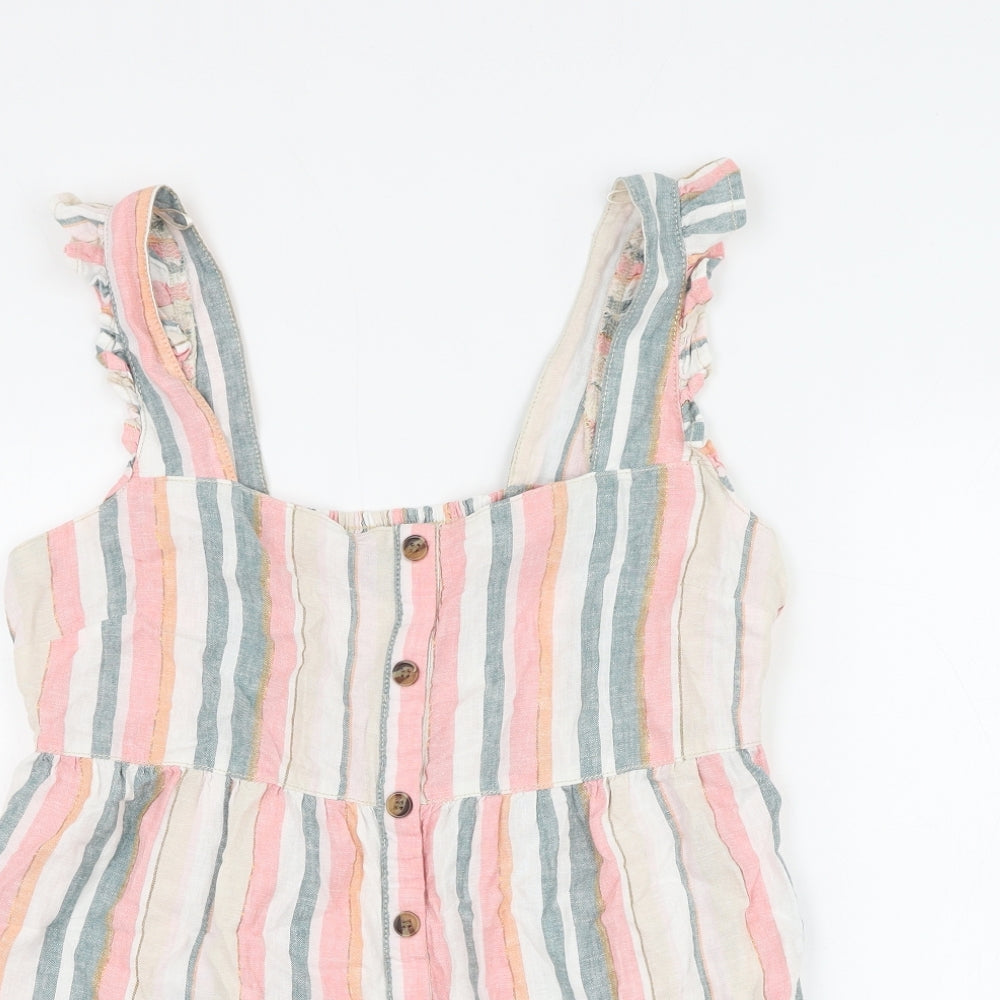 Nutmeg Womens Multicoloured Striped Linen Basic Blouse Size 10 Square Neck