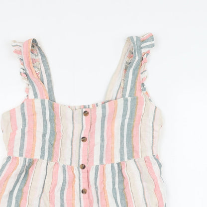 Nutmeg Womens Multicoloured Striped Linen Basic Blouse Size 10 Square Neck