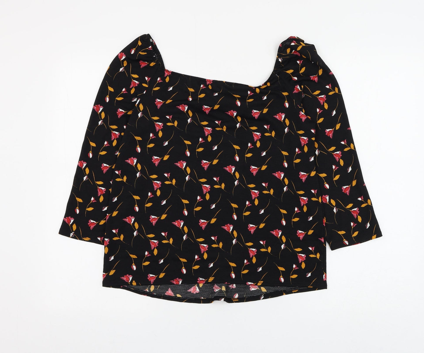 George Womens Black Floral Polyester Basic Blouse Size 10 Scoop Neck