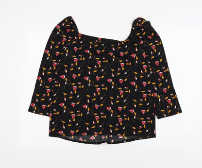 George Womens Black Floral Polyester Basic Blouse Size 10 Scoop Neck