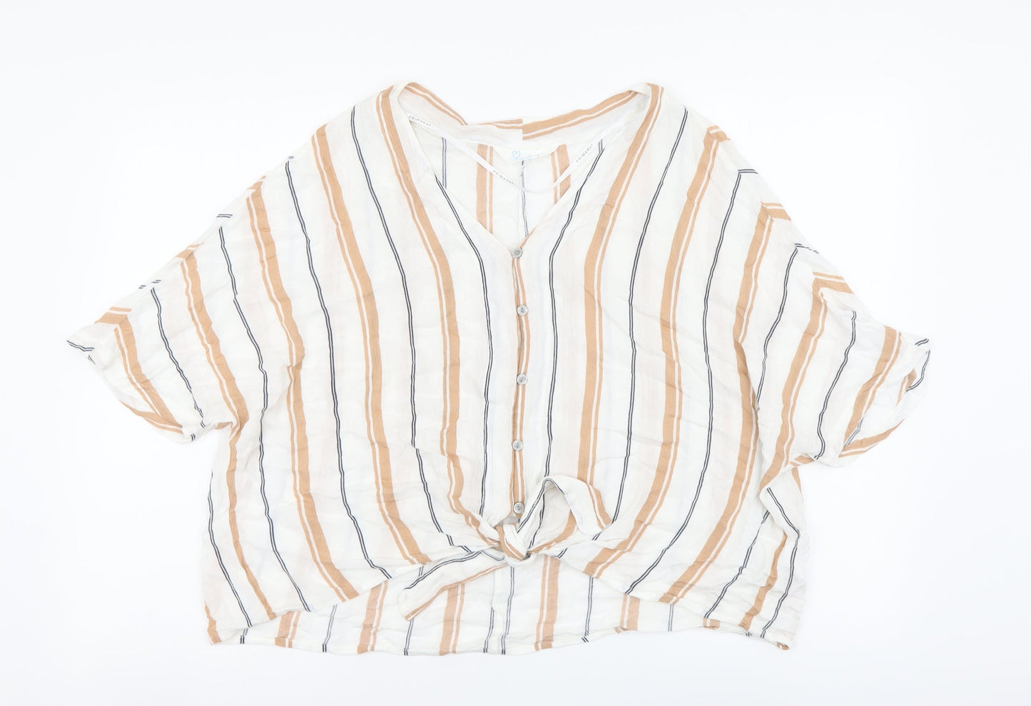 Primark Womens Beige Striped Viscose Basic Button-Up Size 14 V-Neck - Tie Detail