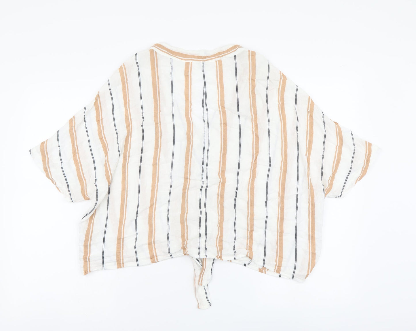 Primark Womens Beige Striped Viscose Basic Button-Up Size 14 V-Neck - Tie Detail