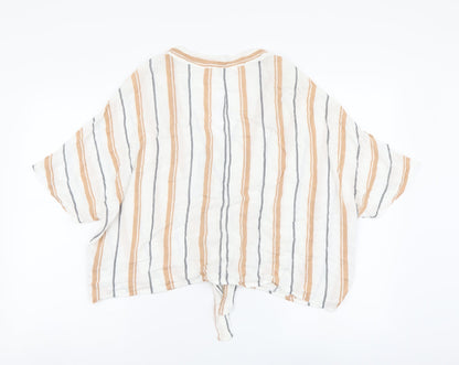 Primark Womens Beige Striped Viscose Basic Button-Up Size 14 V-Neck - Tie Detail