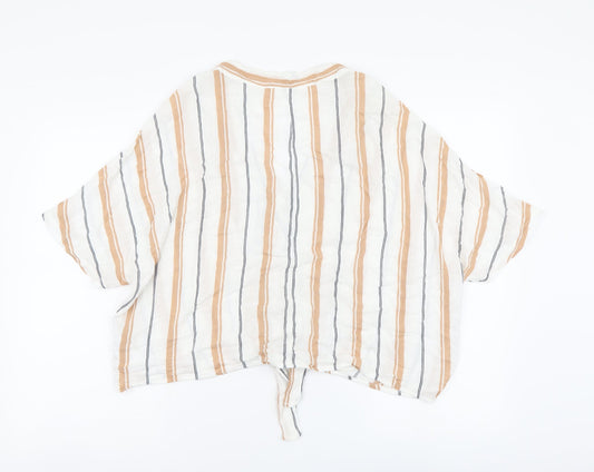 Primark Womens Beige Striped Viscose Basic Button-Up Size 14 V-Neck - Tie Detail
