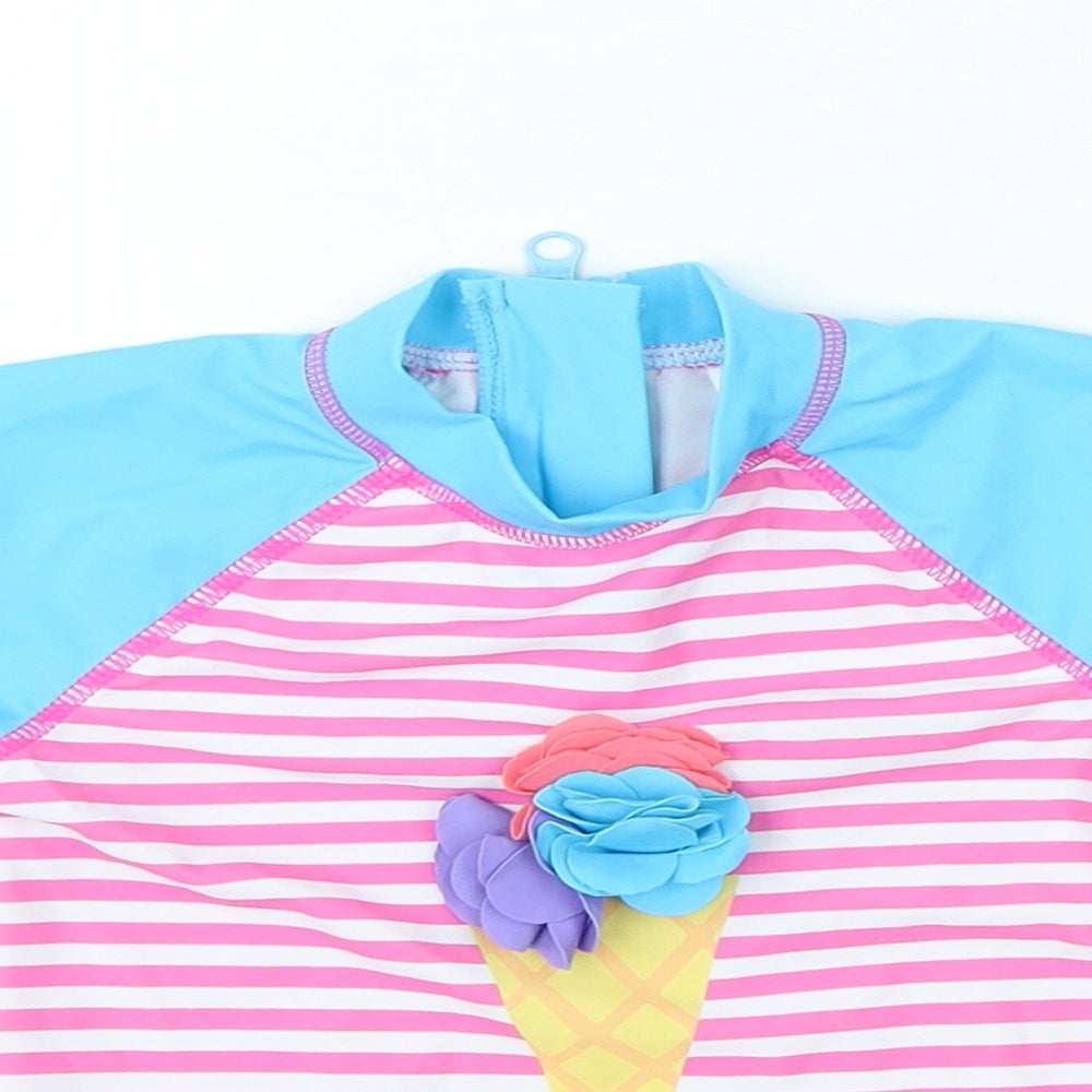 Preworn Girls Blue Striped Polyamide Basic T-Shirt Size 12-18 Months Crew Neck Zip - Swim Top Ice cream