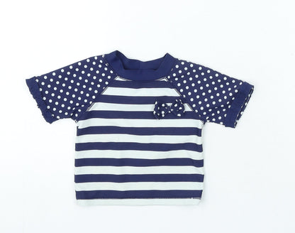 Preworn Girls Blue Striped Nylon Basic T-Shirt Size 3-6 Months Crew Neck Pullover - Swim Top