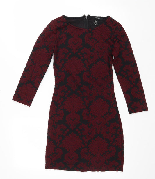 FOREVER 21 Womens Black Geometric Cotton Bodycon Size S Round Neck Zip